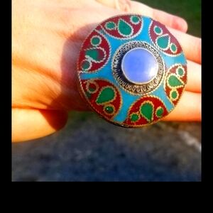 Vintage Chalcedony HUGE 2 Finger Eclectic Ethnic Inlaid Ring